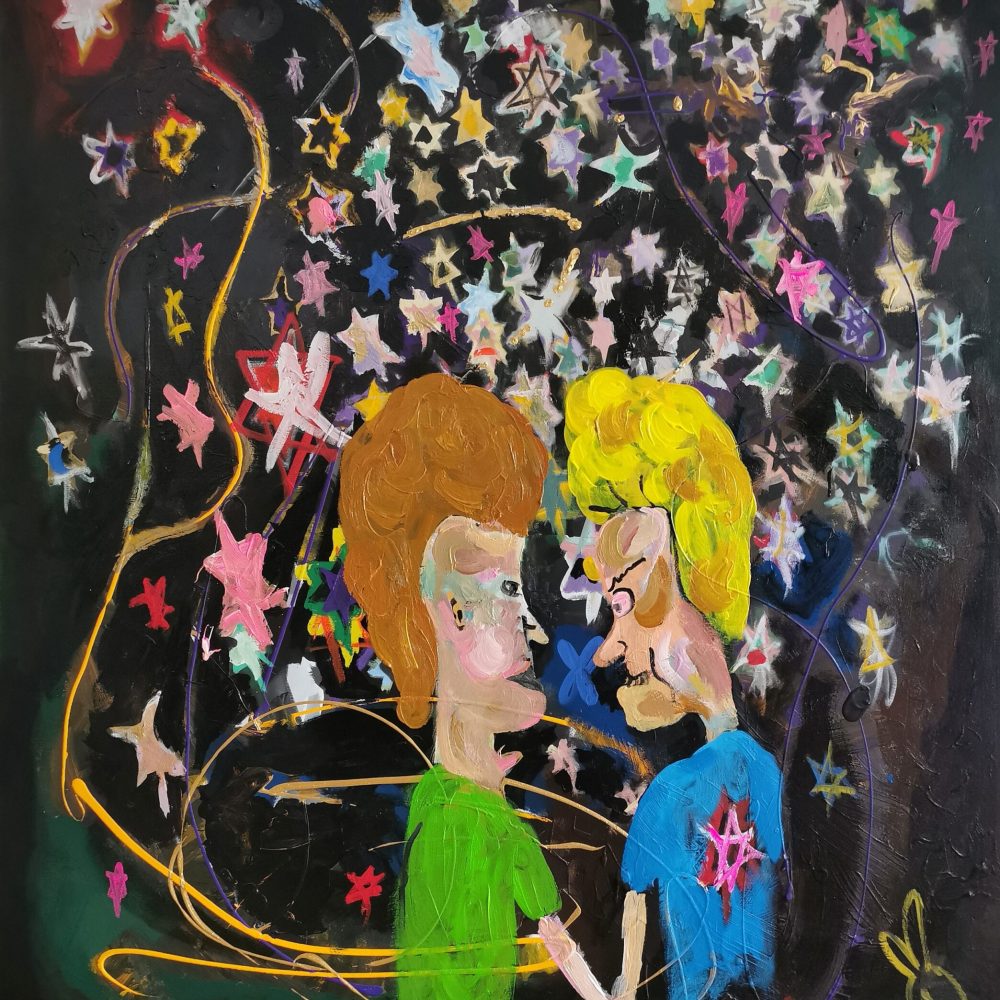 The-last-human-of-Nietzsche-Beavis-Butthead__in-front-of-Auschwitz-gate__-170x140cm-Acrylic-and-lack-on-canvas-2021